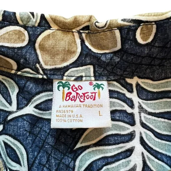 Go Barefoot Blue Floral Hawaiian Shirt Men Size L Made In USA Cotton Button Up - Picture 4 of 6